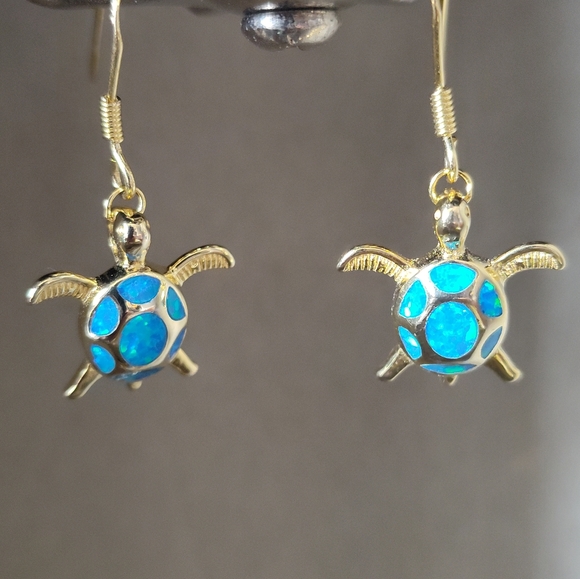 Gold Turtle Earrings with Blue Opal - Picture 1 of 3